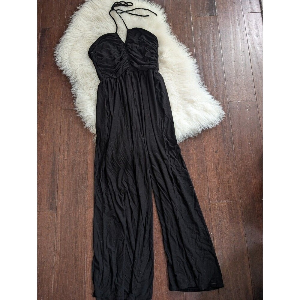 Evereve Black Halter Wide Leg Jersey Jumpsuit L Large